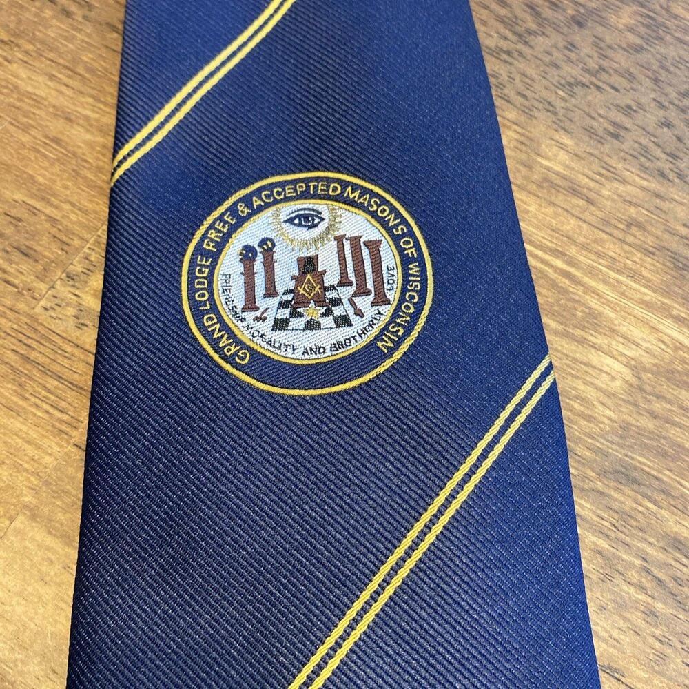 WI Grand Loge Free Accepted Mason Neck Tie Blue Polyester Wide Wisconsin